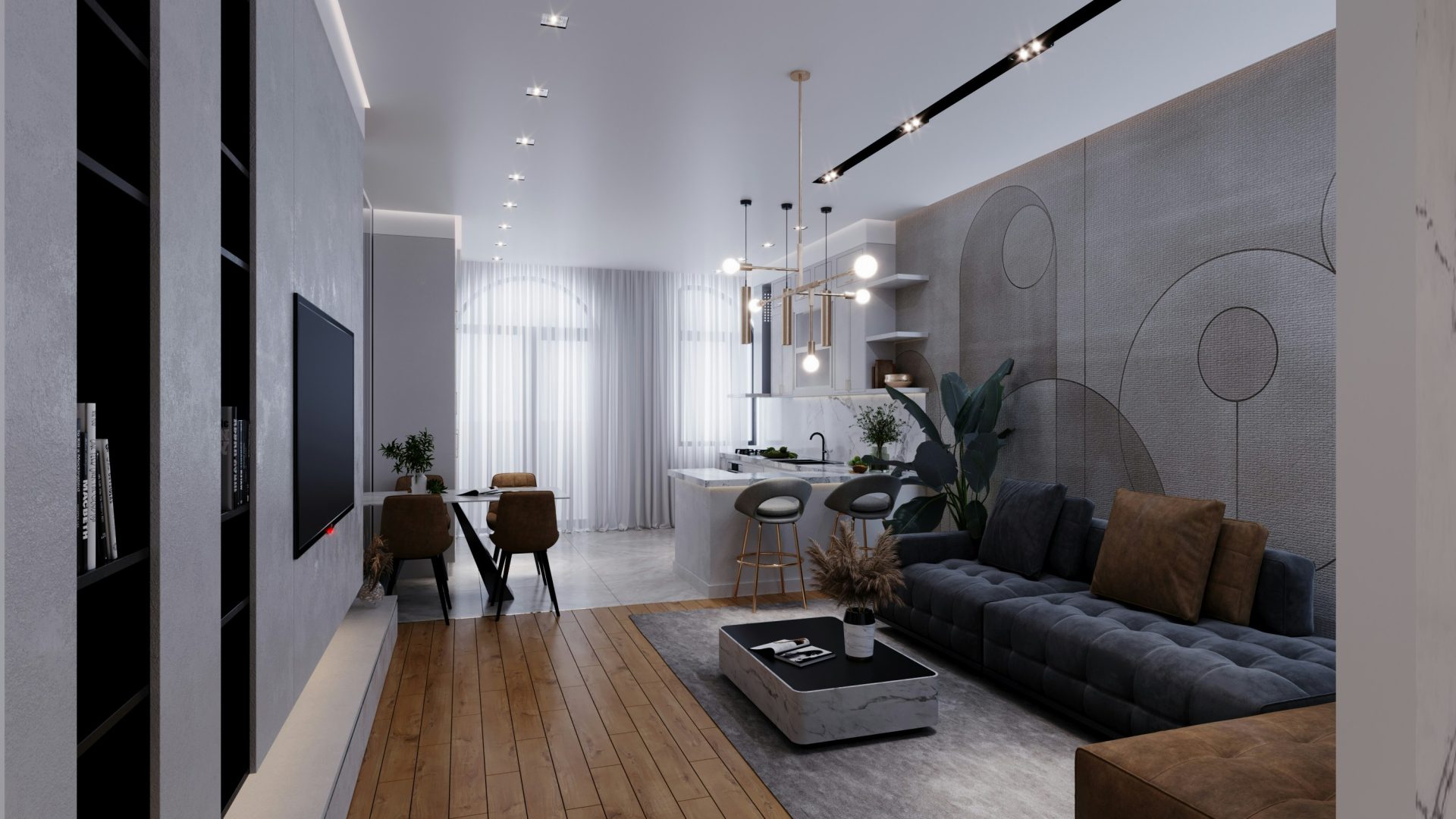 a living room filled with furniture and a flat screen tv